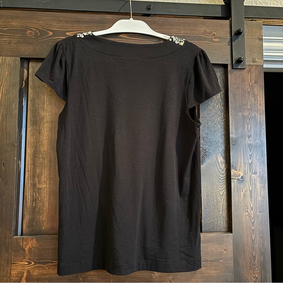 Kenar Black Short Sleeve Top with Beaded Sequin Neckline Large - Picture 2 of 6